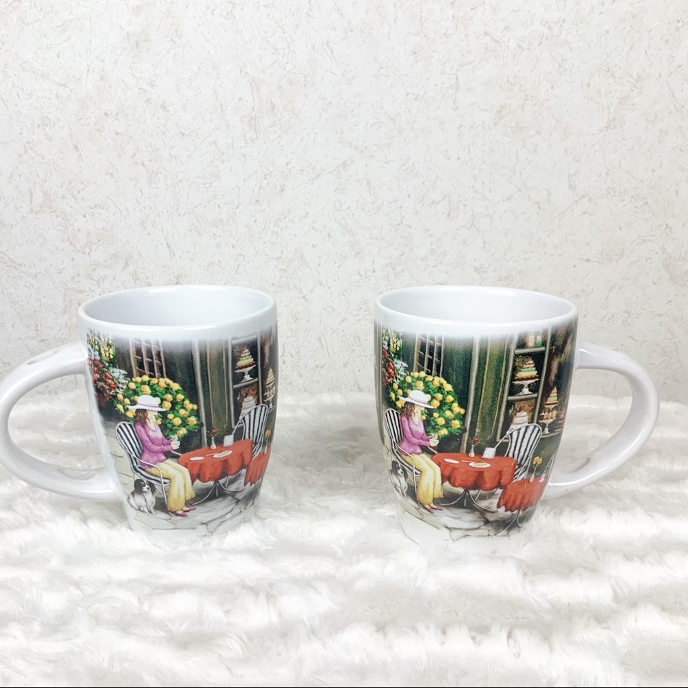 Trisa 2 mugs outdoor cafe pastry shop woman & dog